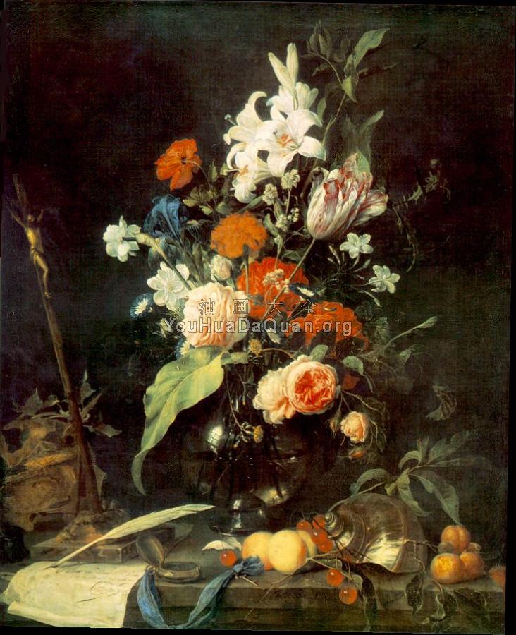 Flower Still-life with Crucifix and Skull - 让·达维德兹·德·希姆